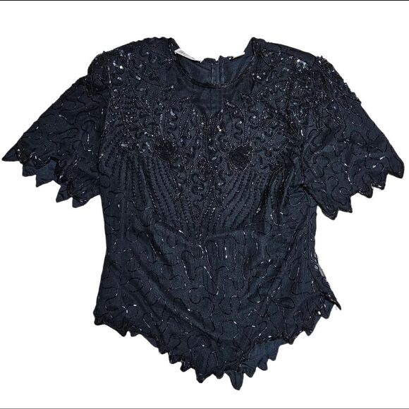 80s 90s glam goth black silk beaded top - Picture 1 of 6